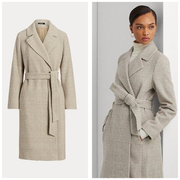 Lauren Ralph Lauren Glen Plaid Belted Wool-Blend Wrap Coat Size 0P Brown Chic - Picture 1 of 13